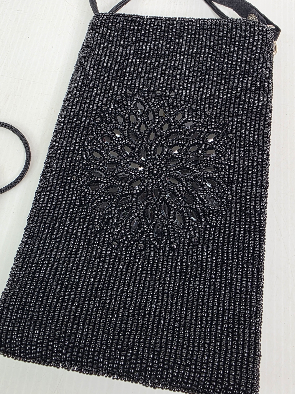 Black Beaded Crossbody Bag with Floral Medallion Bamboo Trading Company
